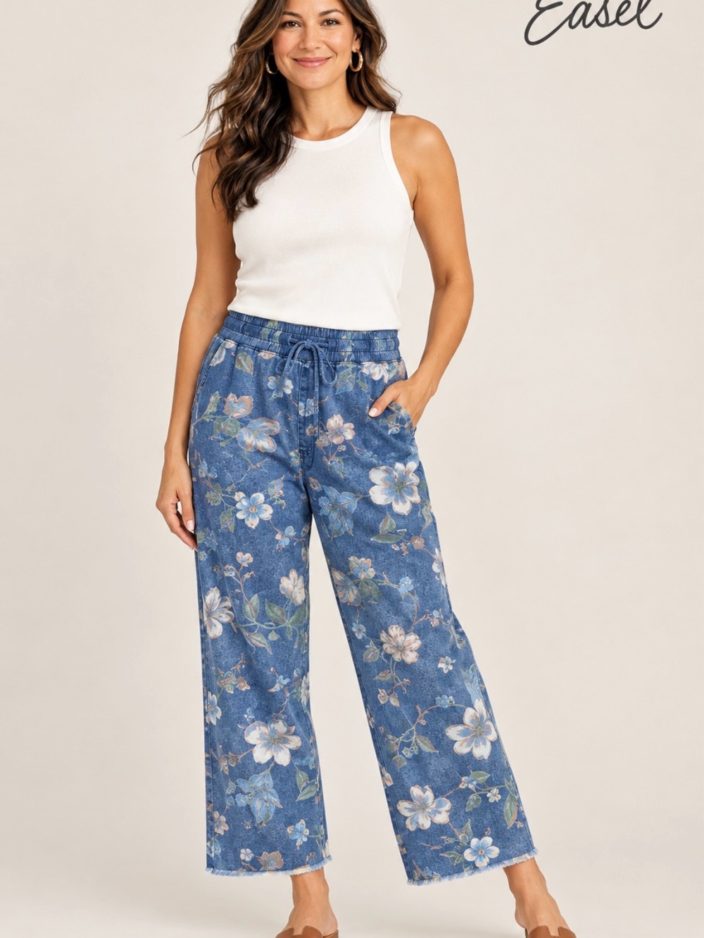Easel Floral Wide-Leg Drawstring Pants - Blue Size:Large